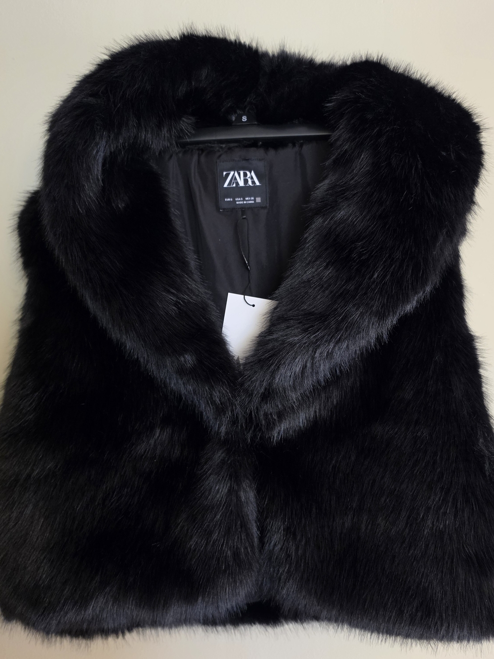 ZARA Black Faux Fur Jacket with Plush Collar, Size S,  NWT